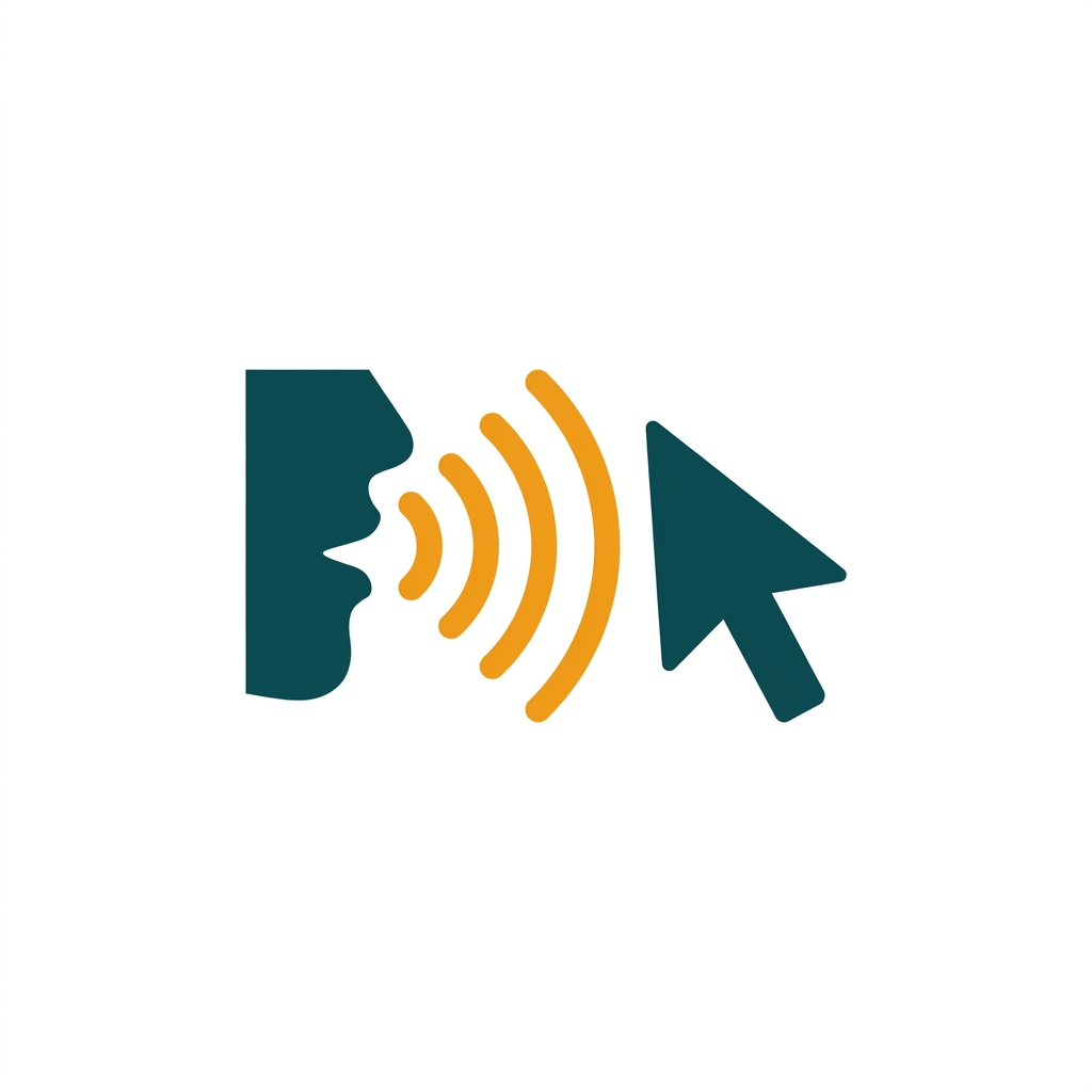 a computer mouse cursor being moved by sound waves from a human mouth icon