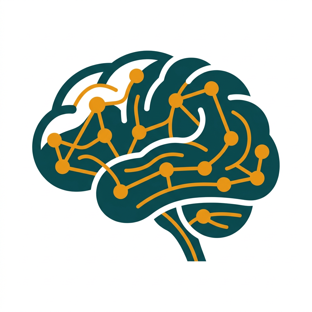 a stylized human brain with interconnected nodes and data streams flowing through it
