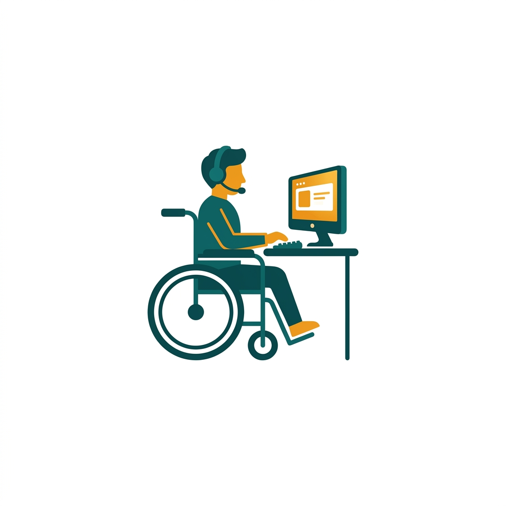 a wheelchair user at a desk comfortably using a computer with a headset