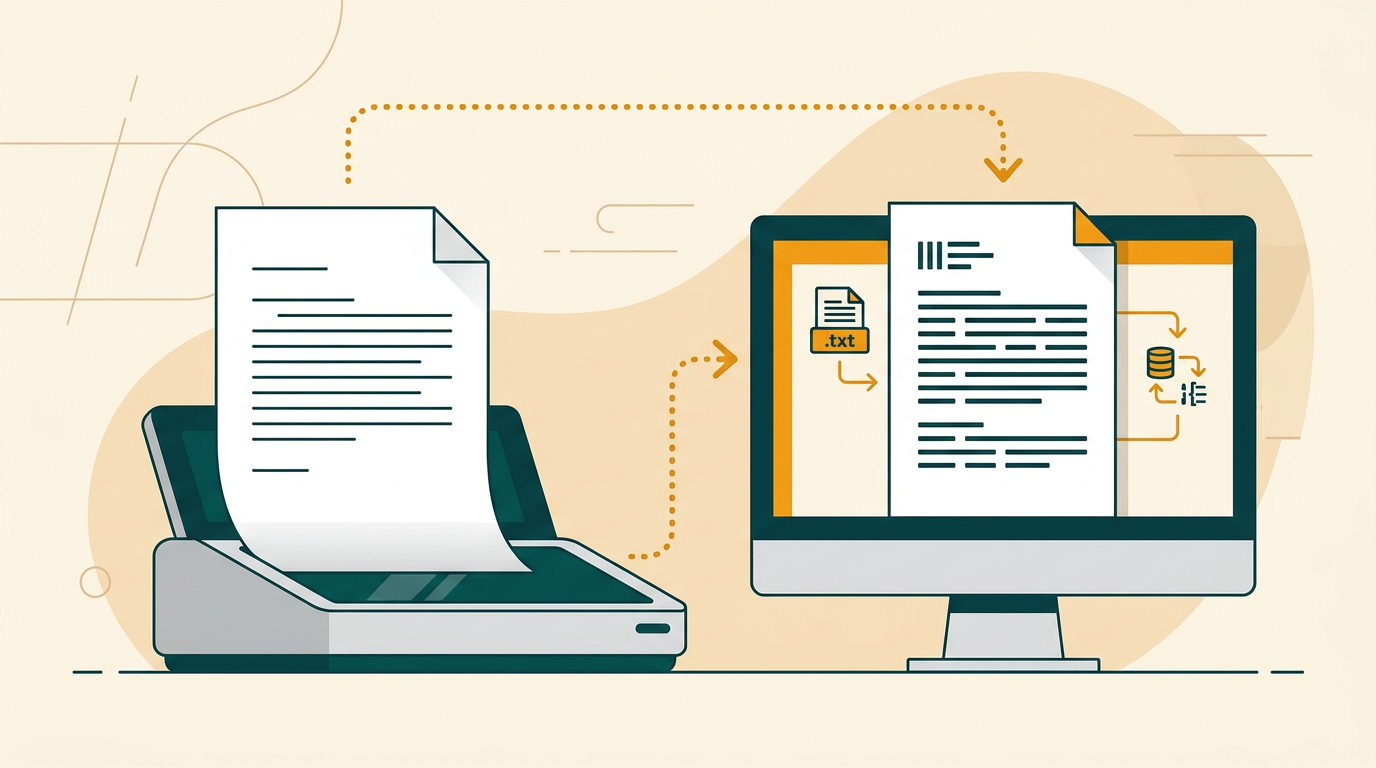 a stylized illustration of a paper document being fed into a scanner and emerging as a digital text file on a computer screen