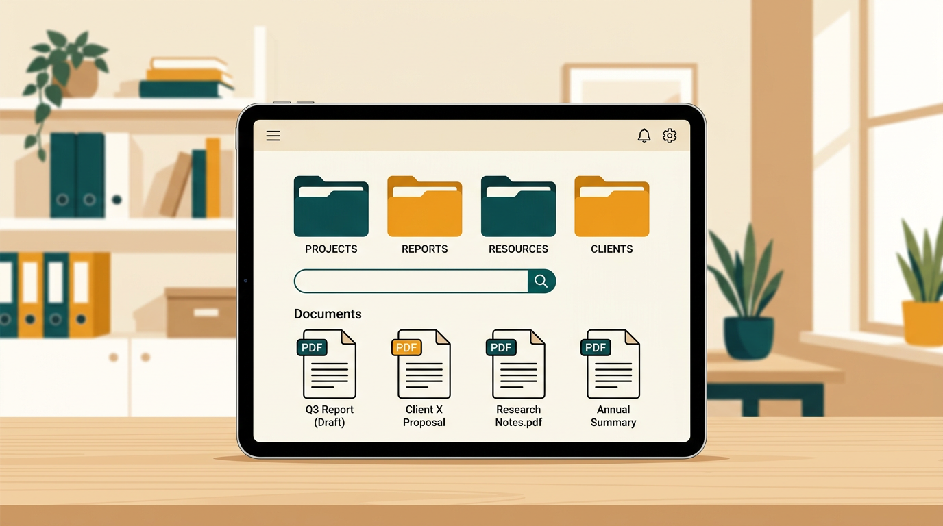 an organized digital archive on a tablet screen, showing folders and searchable PDF documents, with a clean, professional office background