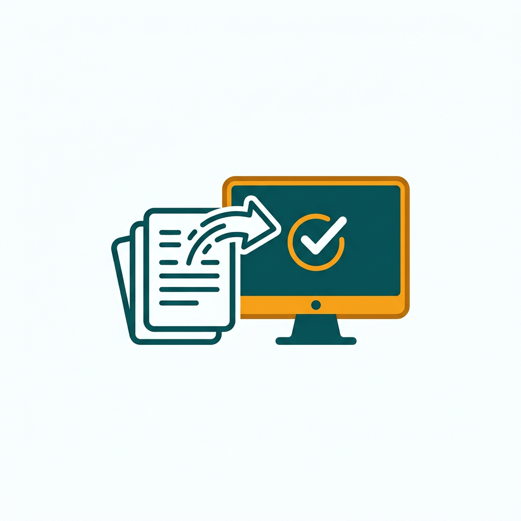 a stack of paper documents being processed automatically by a computer icon with a checkmark