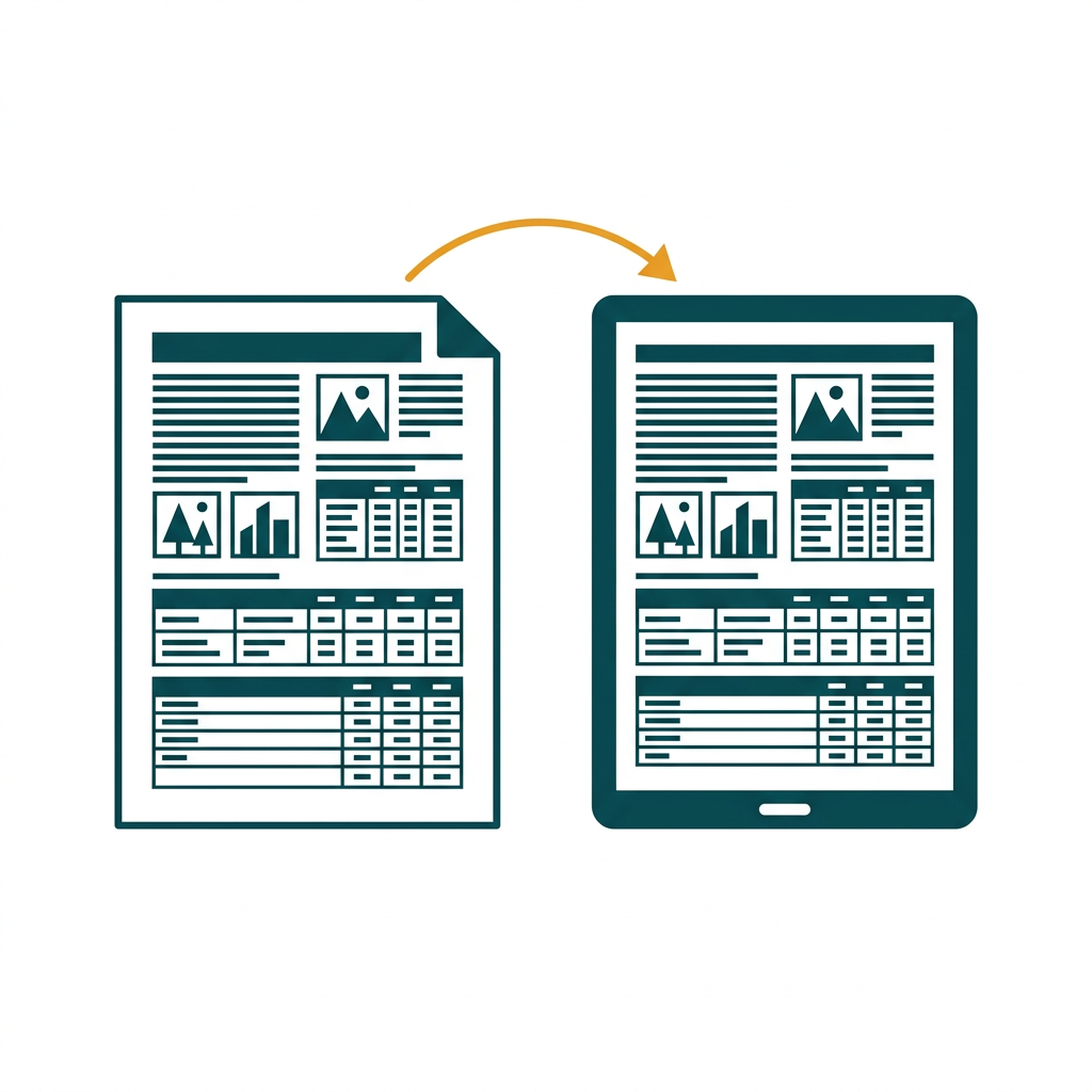 a document page with complex layout of text, images, and tables being perfectly mirrored on a digital screen