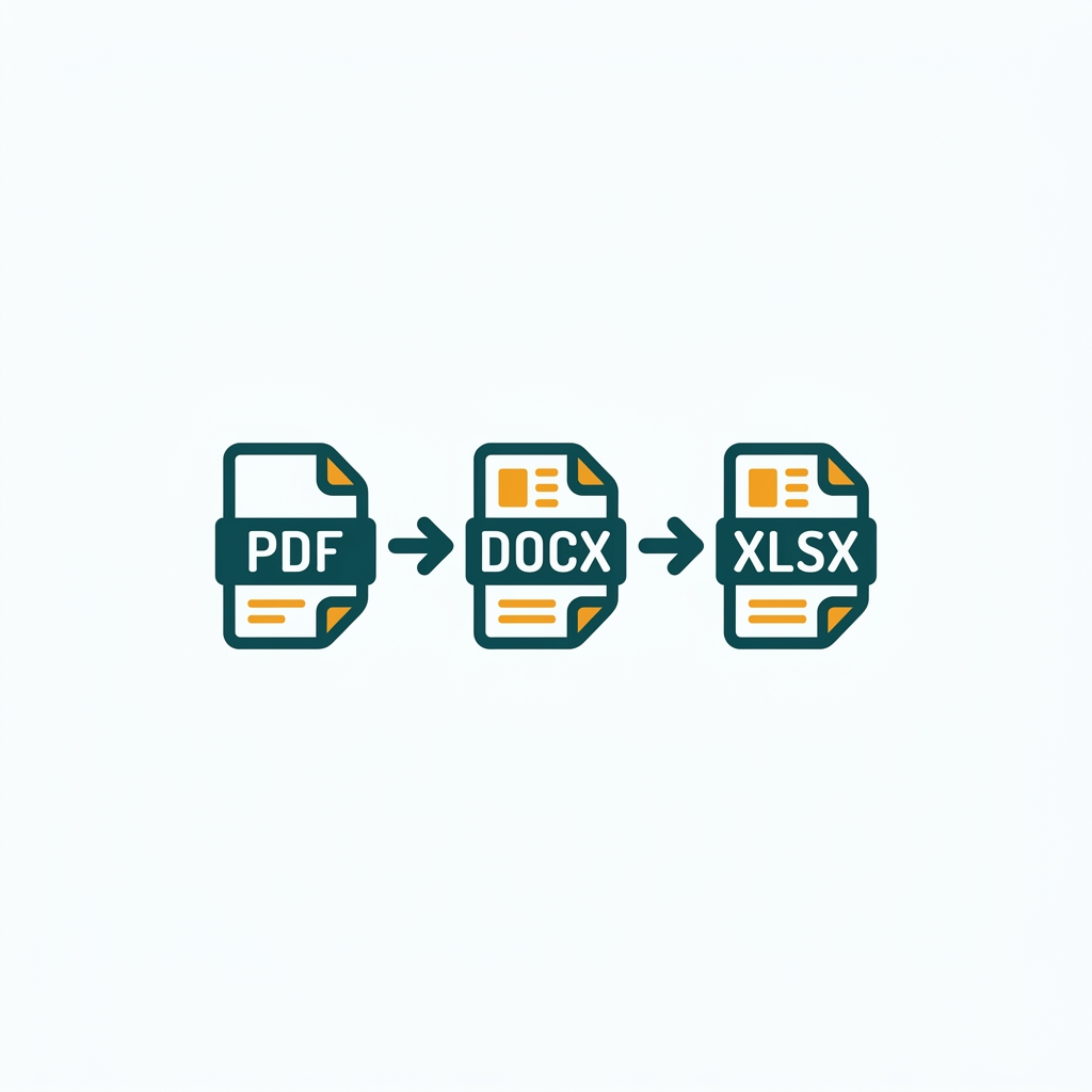 a series of icons representing different file formats (PDF, DOCX, XLSX) with arrows pointing between them