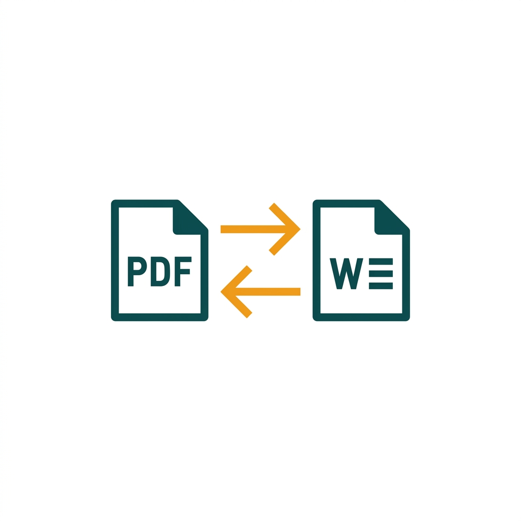 two arrows showing a conversion from a PDF icon to a Word document icon