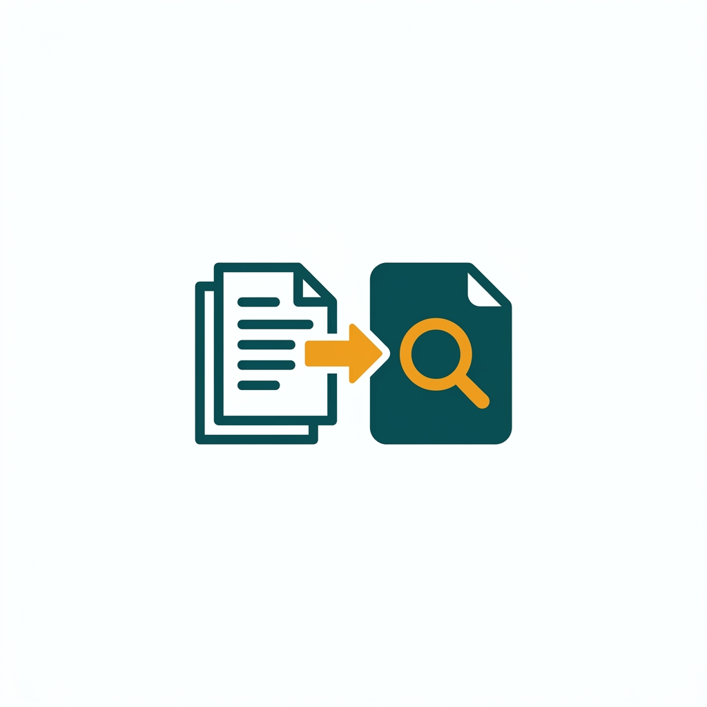 a scanned paper document being transformed into an editable text file with a search icon