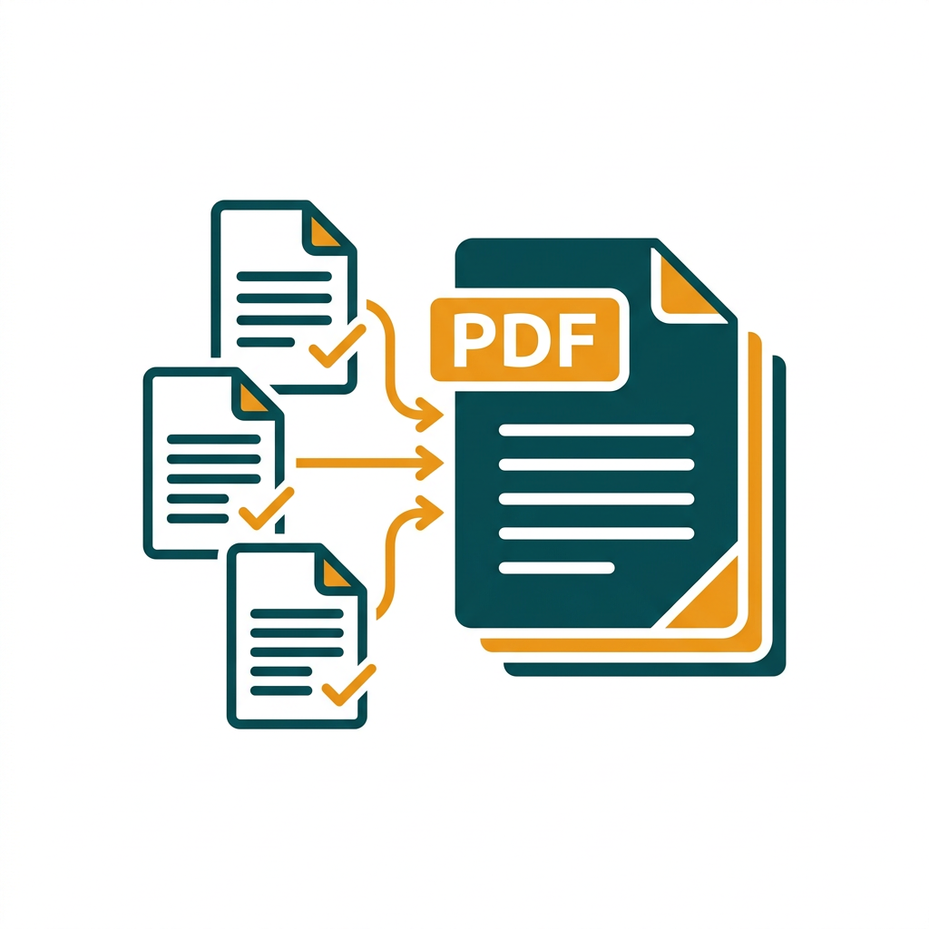 multiple document icons merging into a single, combined PDF file icon