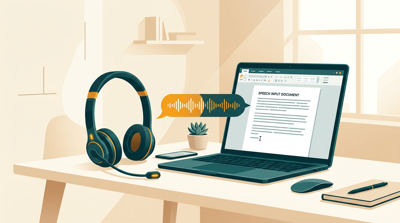 a modern office desk with a professional headset microphone placed next to a laptop showing a word processor document being filled with text through speech recognition