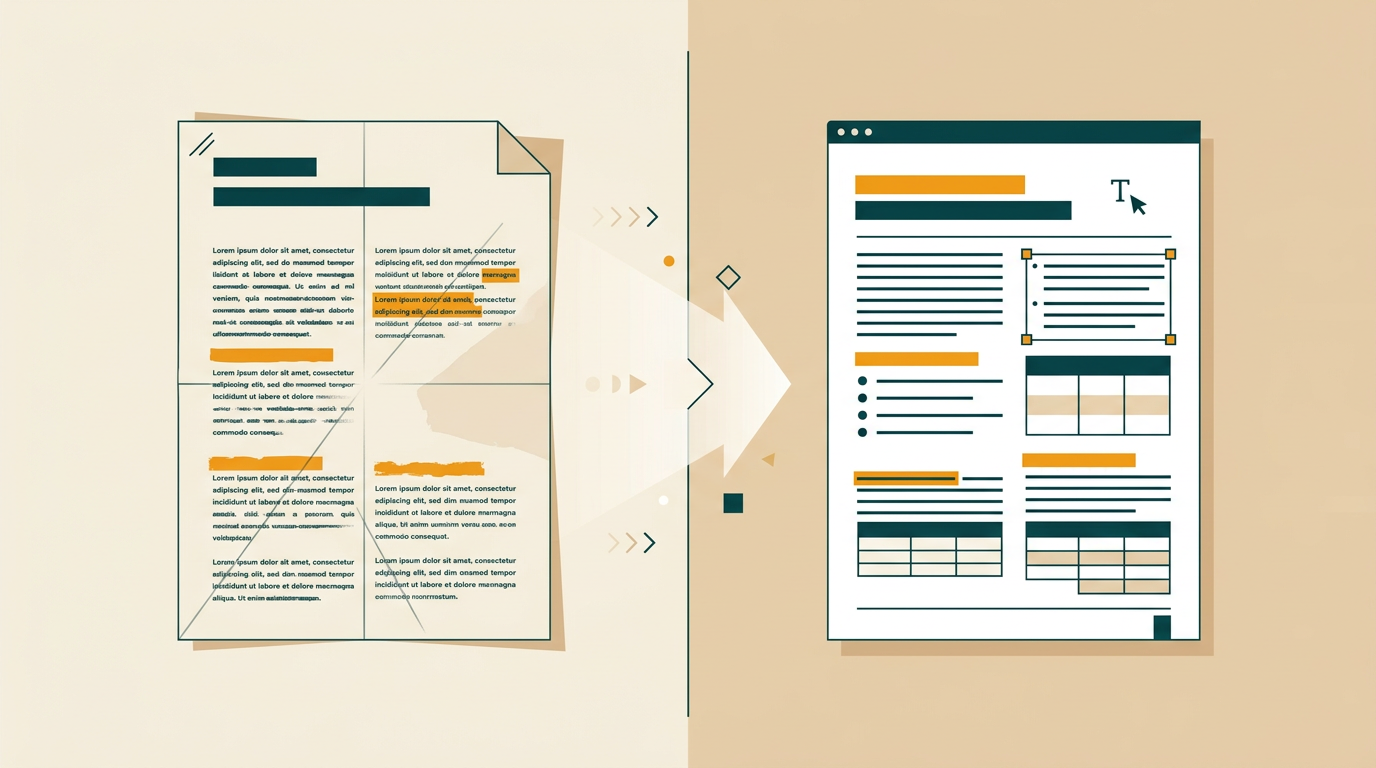 a clean split-screen graphic showing a scanned paper document on the left and a perfectly converted, editable digital PDF document on the right, highlighting OCR technology