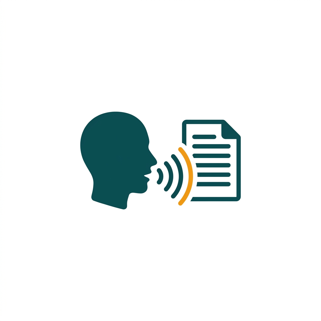 a human silhouette with sound waves emanating from the mouth towards a text document