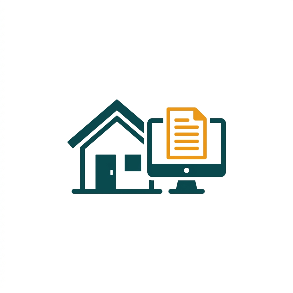 a simple house icon next to a personal computer monitor showing a document