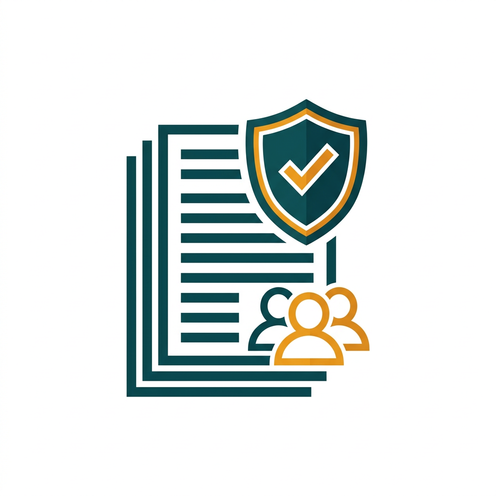 a complex document with security shield and collaboration icons overlaid