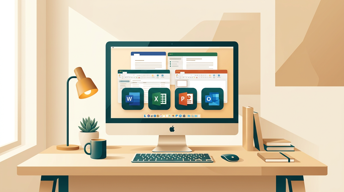 a clean, modern desk setup with an Apple iMac showing the Office 2016 for Mac application suite on its screen, soft natural lighting