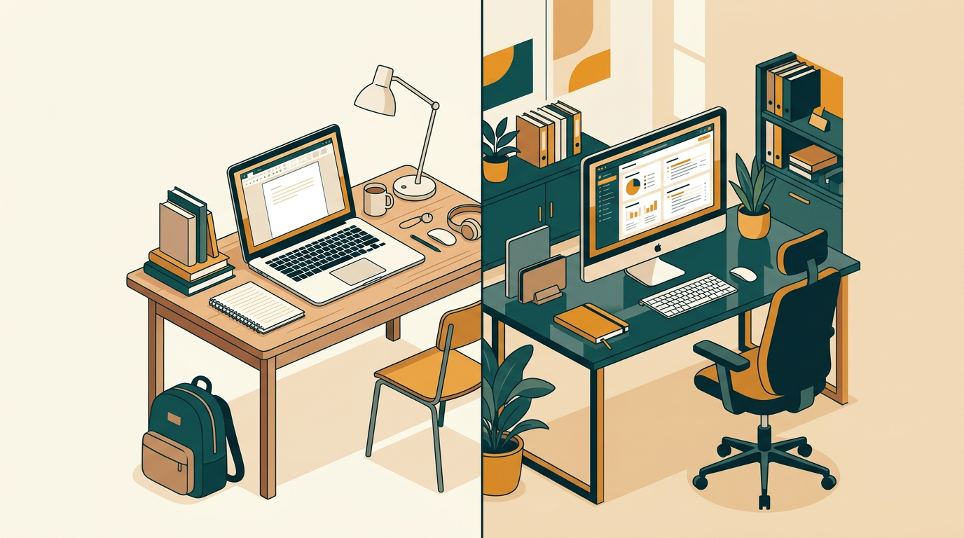 a split-screen illustration showing a university student's desk on one side and a professional home office setup on the other, both using macs with office apps