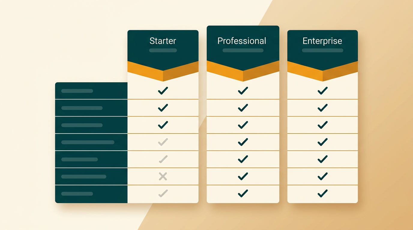 a comparison chart graphic showing three columns for different software editions, with checkmarks indicating included features, minimalist vector style