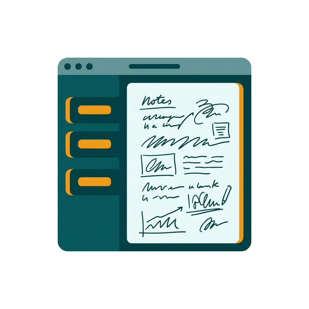 a digital notebook with sections and pages, showing handwritten notes on a Mac interface
