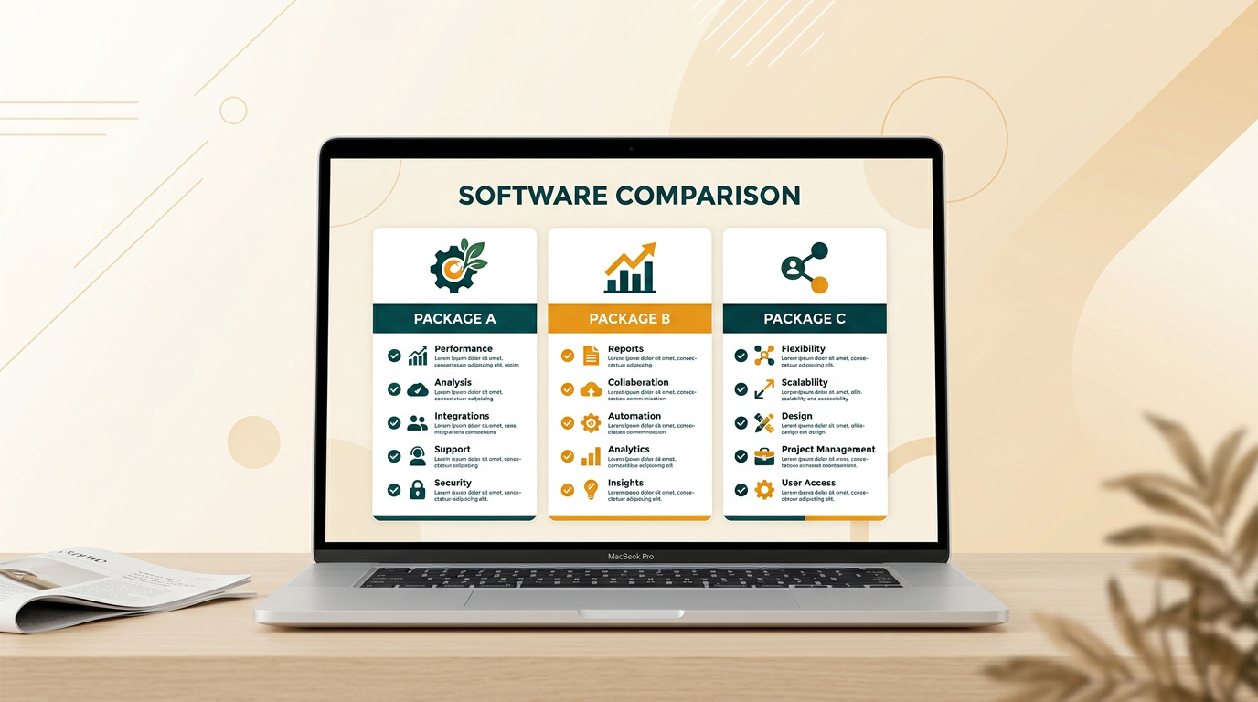 an infographic-style illustration comparing three different software packages on a mac screen, using checkmarks and feature lists, clean vector art