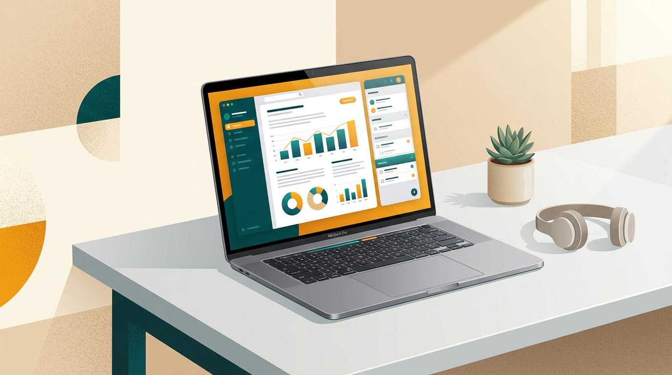 a sleek, modern macbook on a minimalist light grey desk displaying an office suite interface with charts and text, soft natural lighting, editorial style