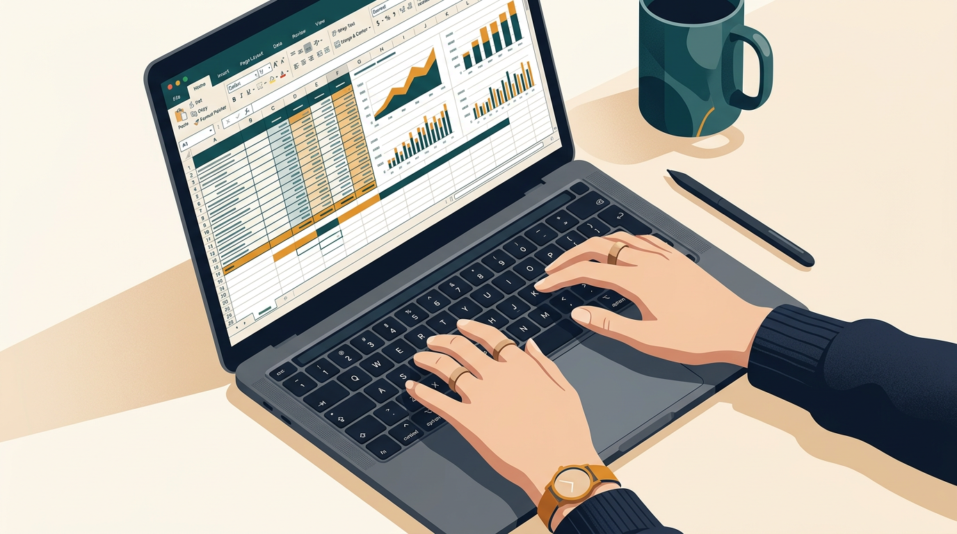 a close-up shot of a person's hands typing on a macbook keyboard, with a complex excel spreadsheet visible on the screen, focused on data and productivity