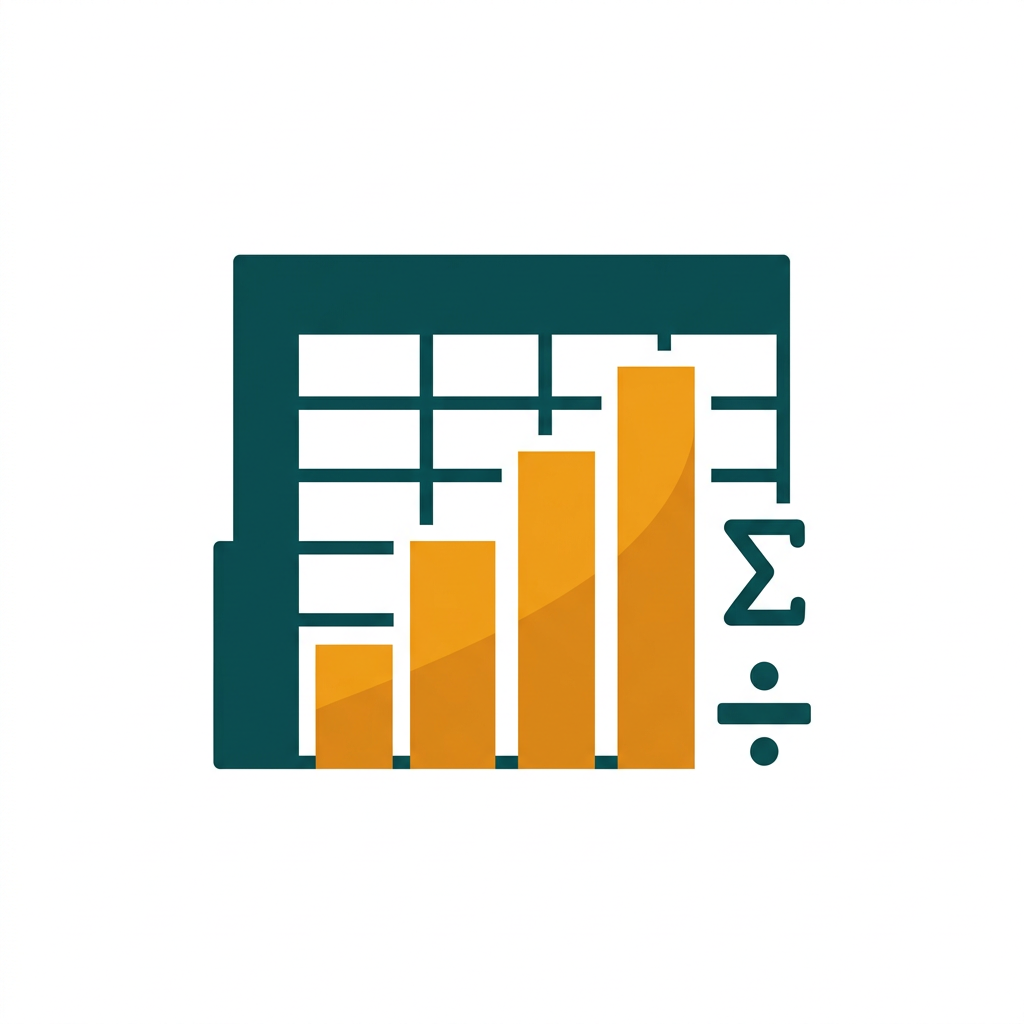 a spreadsheet grid with cells, a rising bar chart, and formula symbols