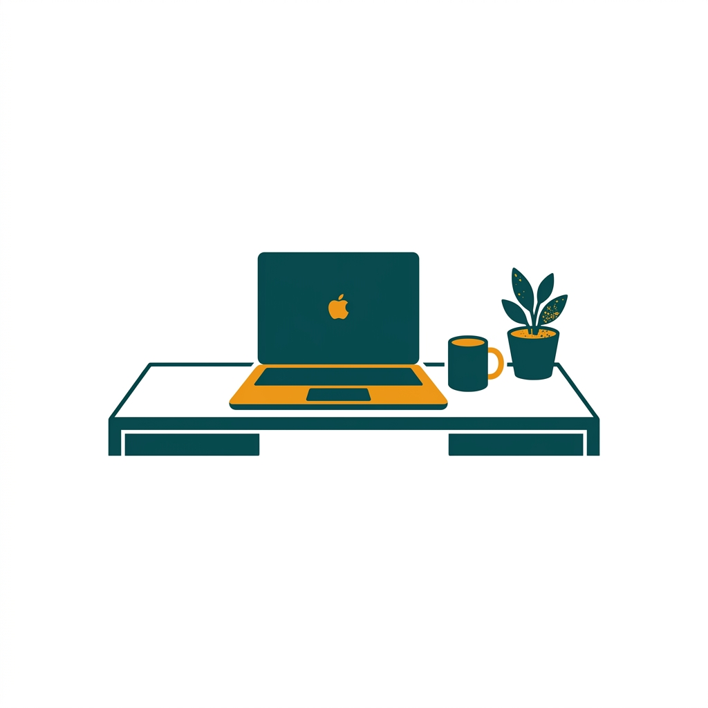 a modern home office setup with a macbook, coffee mug, and a small plant