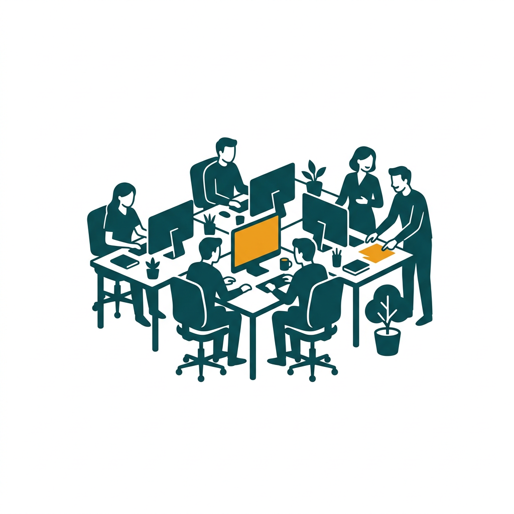 a professional corporate office setting with multiple workstations and a collaborative atmosphere