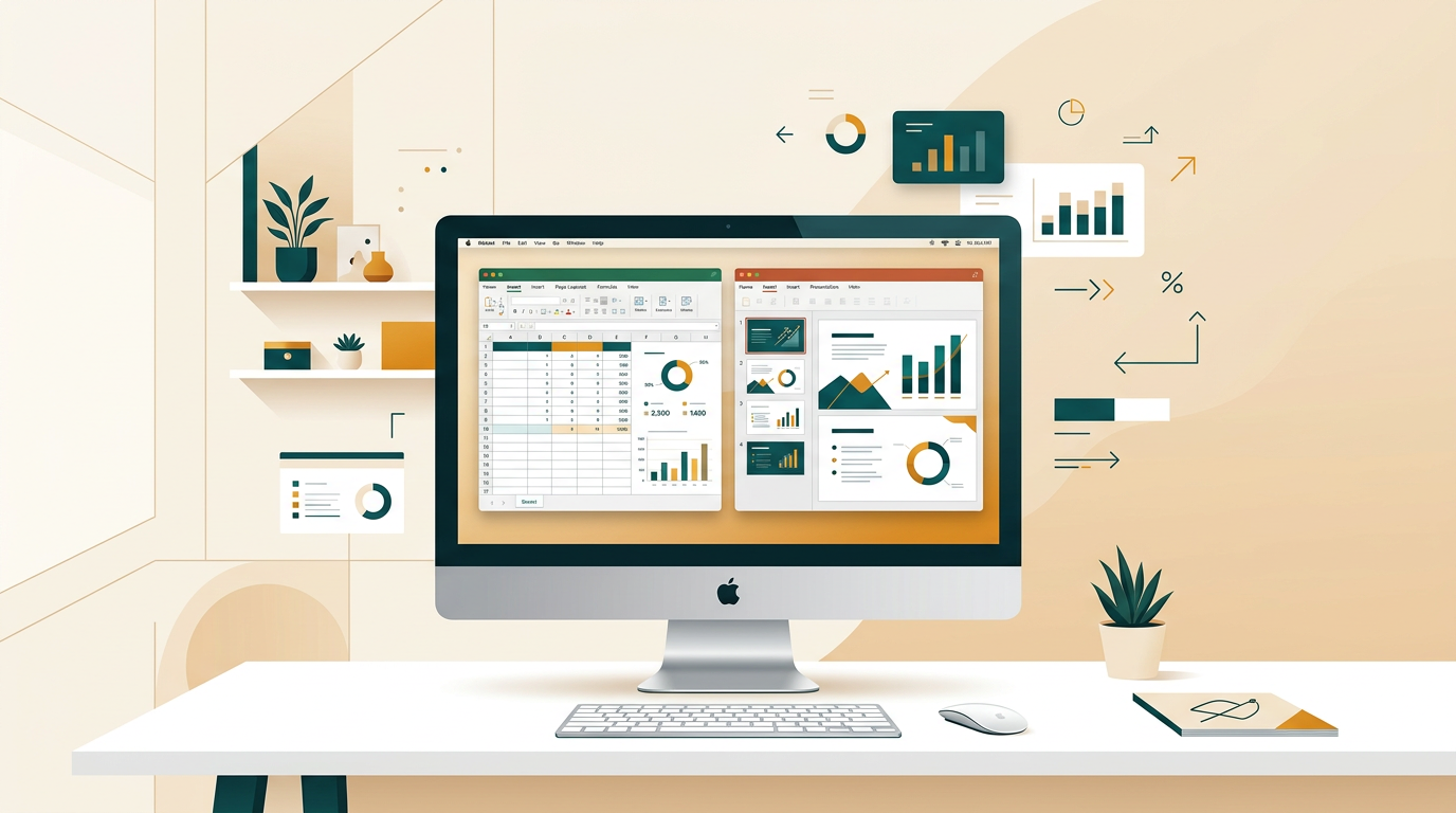 a sleek, modern apple desktop computer on a clean white desk showing a productivity suite with spreadsheet and presentation windows open, minimalist aesthetic