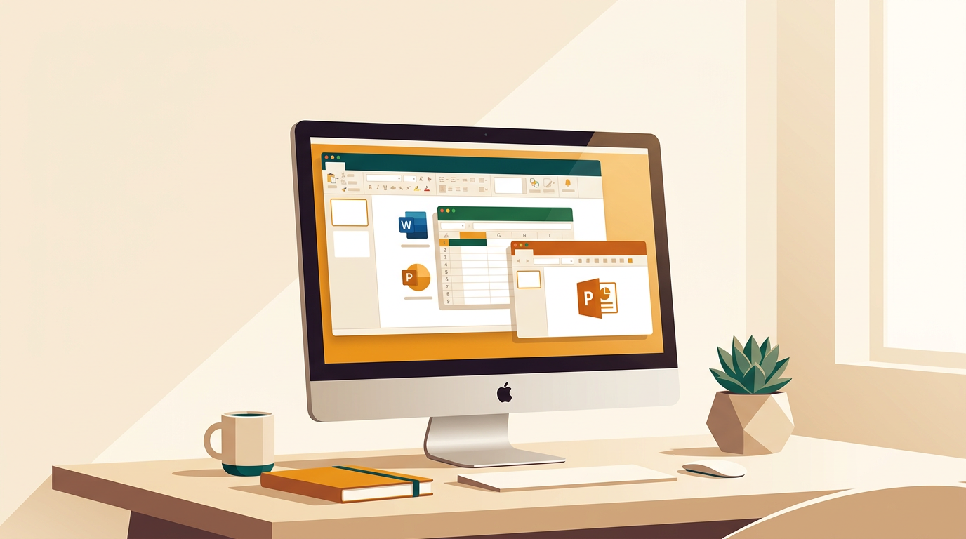 a clean, modern desk setup with an Apple iMac displaying the Microsoft Office for Mac suite interface, bright and airy aesthetic