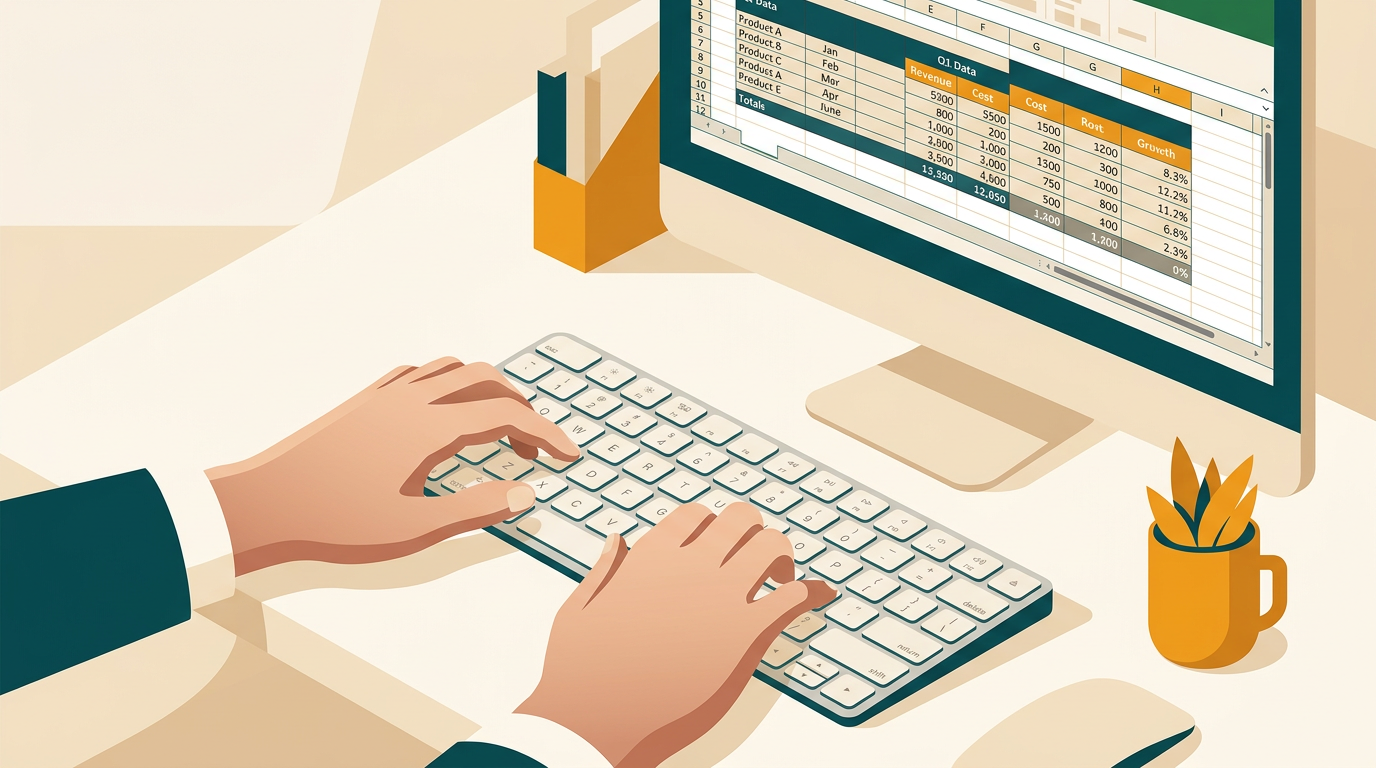 a close-up shot of a person's hands typing on an Apple Magic Keyboard, with an Excel spreadsheet visible on the Mac screen in the background