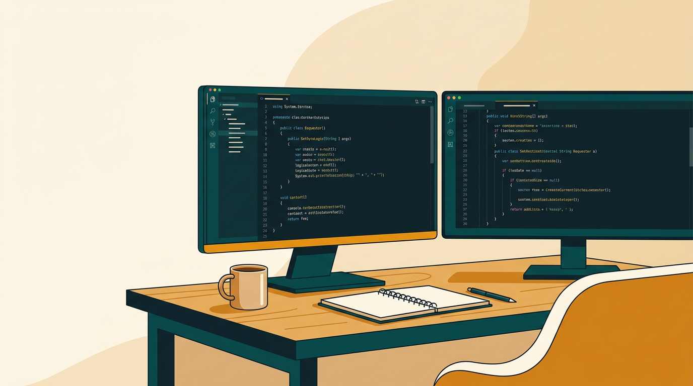 a clean, modern desktop with a dual monitor setup showing lines of C-sharp code in a dark mode IDE, with a coffee mug and a notebook on the side