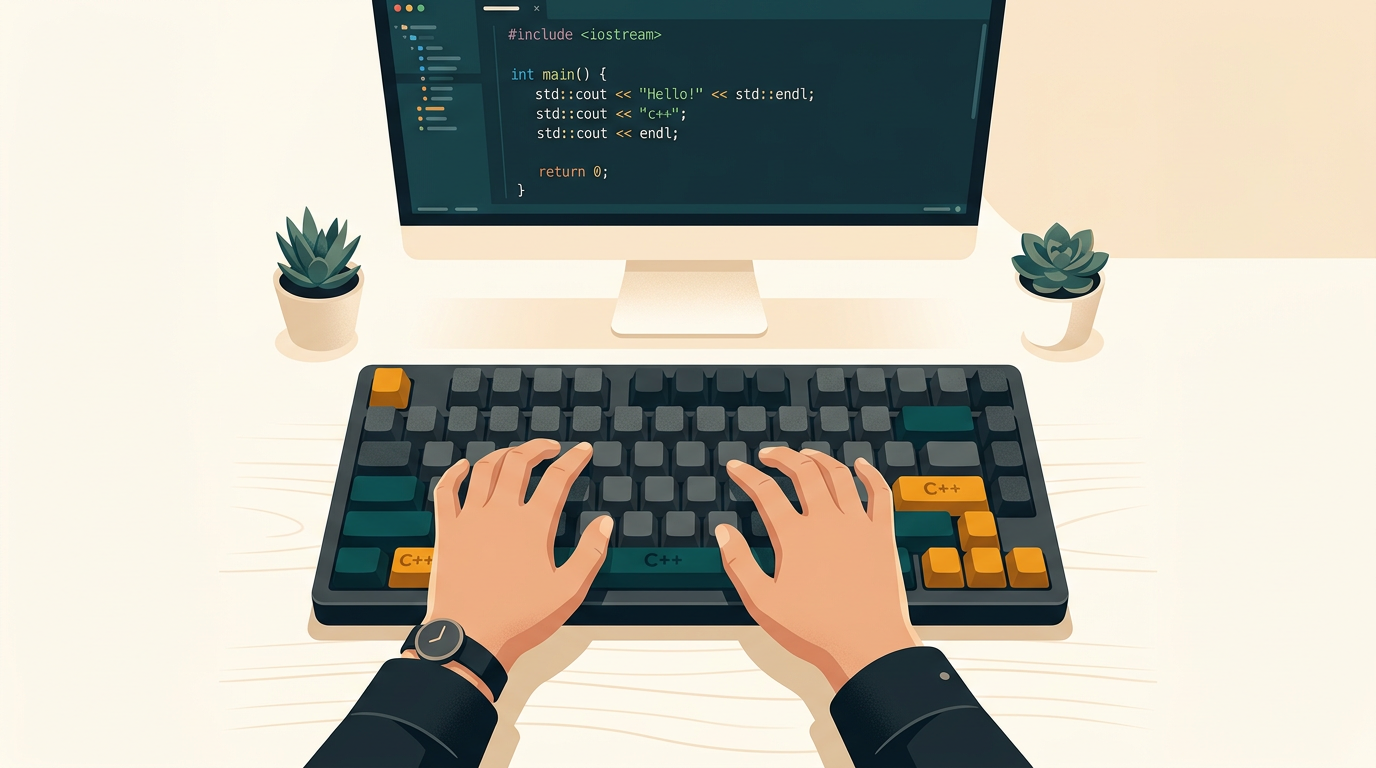 a close-up shot of a developer's hands typing on a mechanical keyboard, with colorful C-plus-plus code syntax highlighting visible on the screen in the background