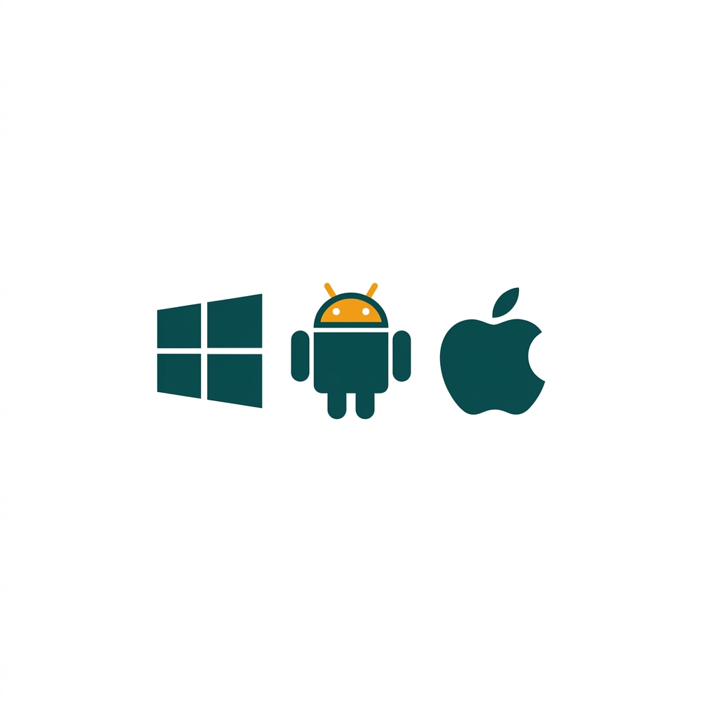 icons for windows, android, and apple logos side-by-side in a row