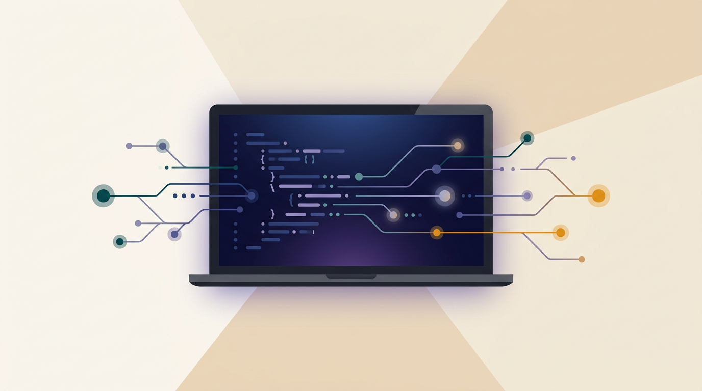 a clean, abstract representation of code flowing across a dark mode screen with connected nodes, blue and purple highlights, minimalist editorial style