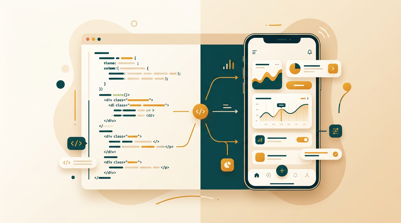 a split-screen view showing a developer's code on one side and the resulting mobile app interface on the other, clean and modern aesthetic
