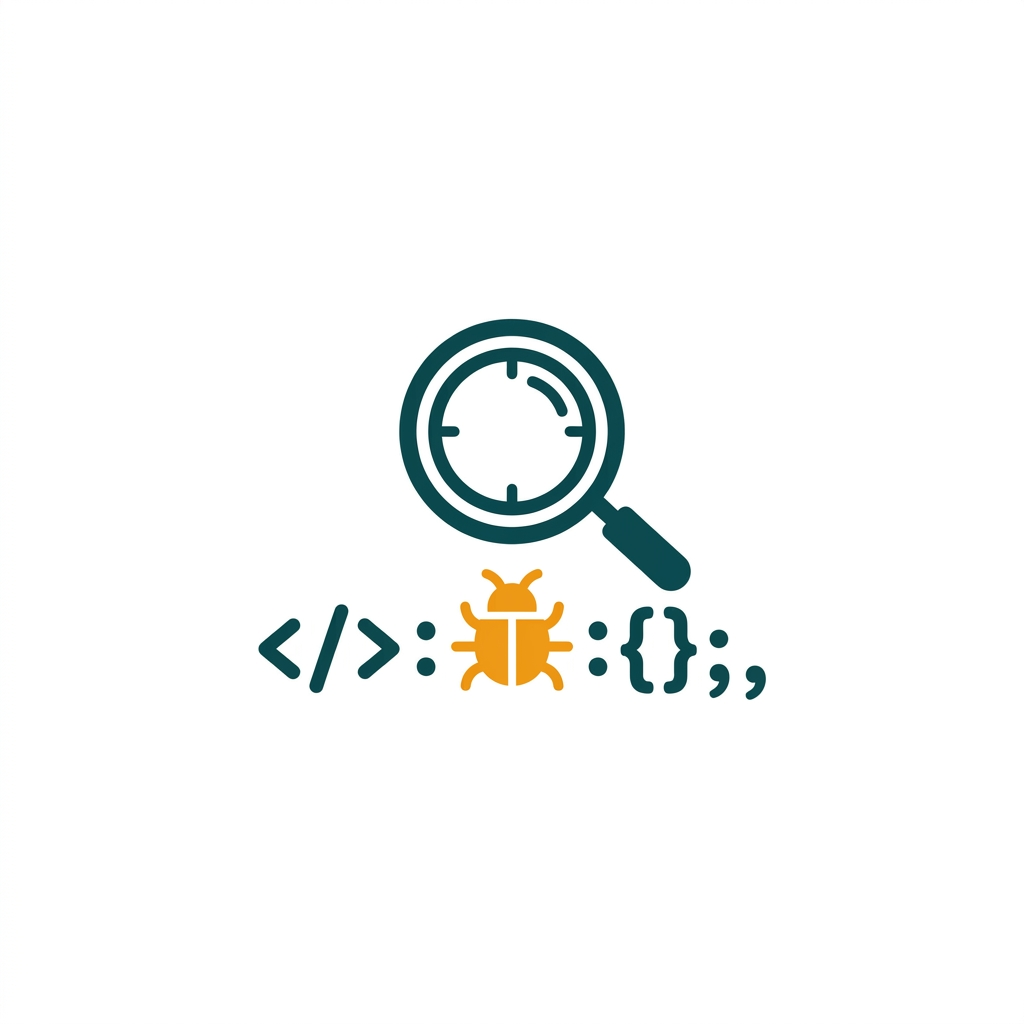 a stylized magnifying glass hovering over a computer bug icon on a line of code
