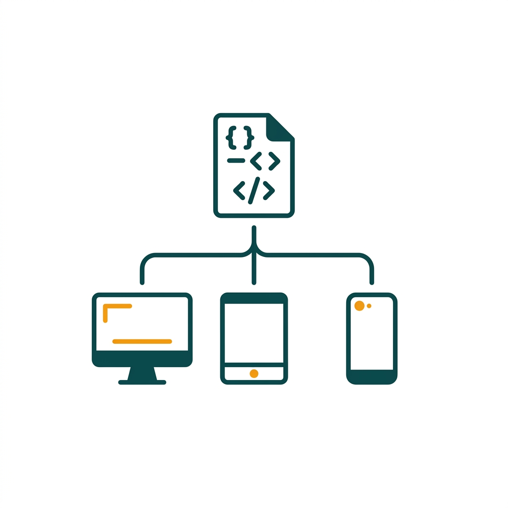a single code file branching out to icons of a desktop monitor, a tablet, and a smartphone