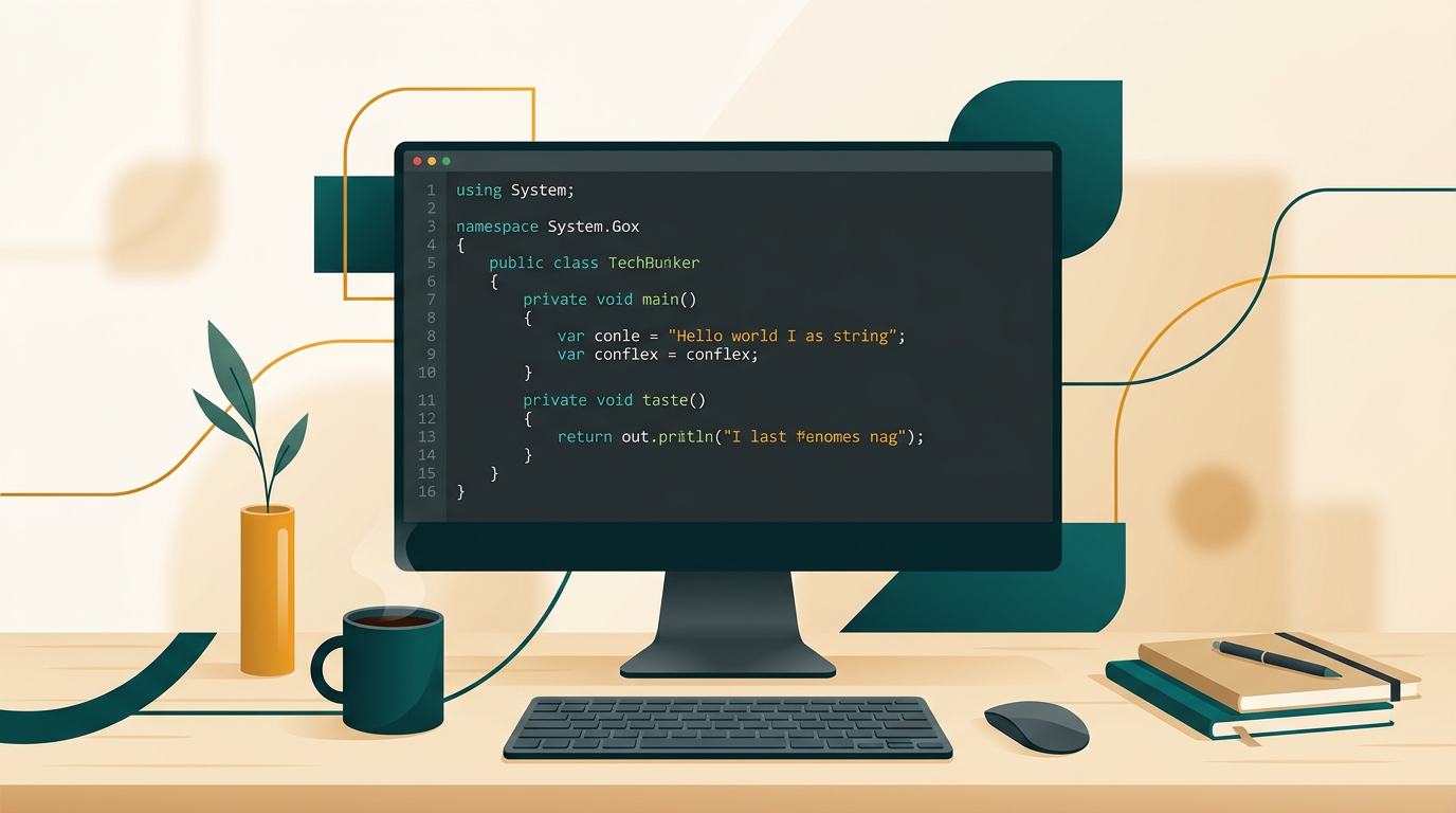 a clean, dark-themed code editor on a large monitor, showing complex C# code with syntax highlighting, surrounded by minimalist desk accessories and a cup of coffee