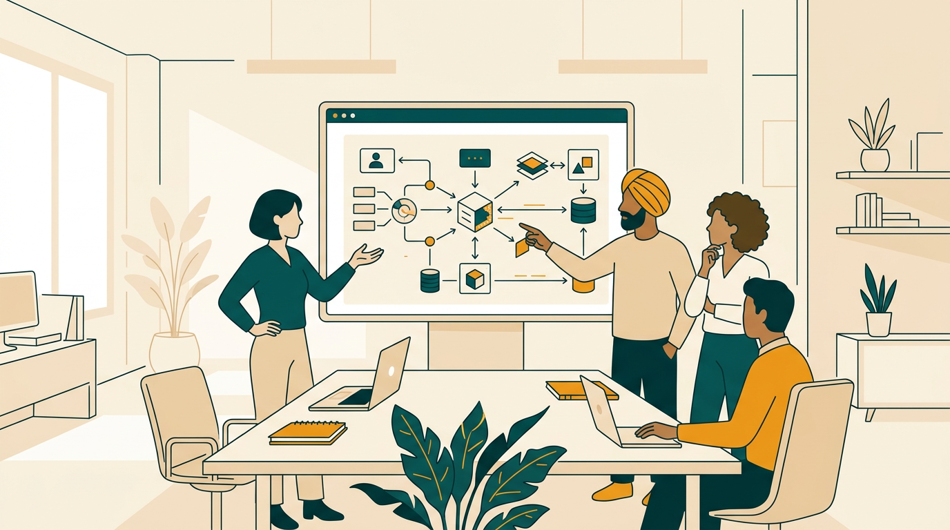 a collaborative team of diverse developers working around a large screen displaying a complex software architecture diagram in a bright, modern office setting