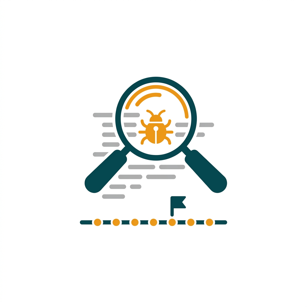 a magnifying glass over a code snippet with a bug icon and a timeline underneath