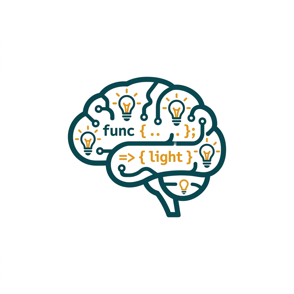 a stylized brain icon with lightbulbs suggesting a full line of code