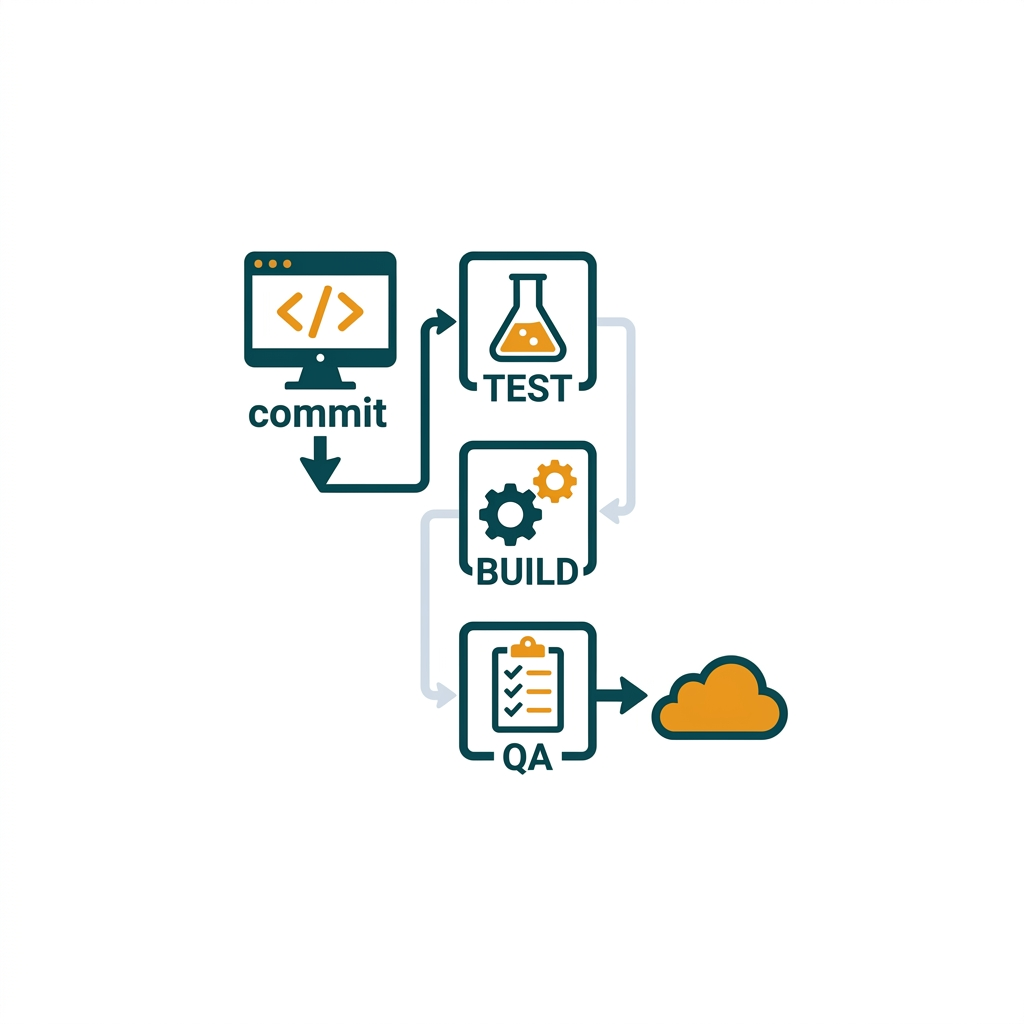 a diagram showing a CI/CD pipeline from a code commit icon to a deployment cloud icon