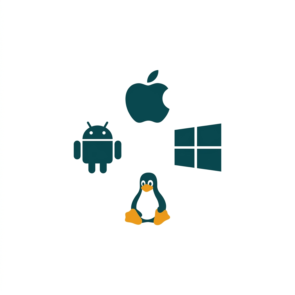 icons for windows, linux, android, and apple logos arranged in a circle