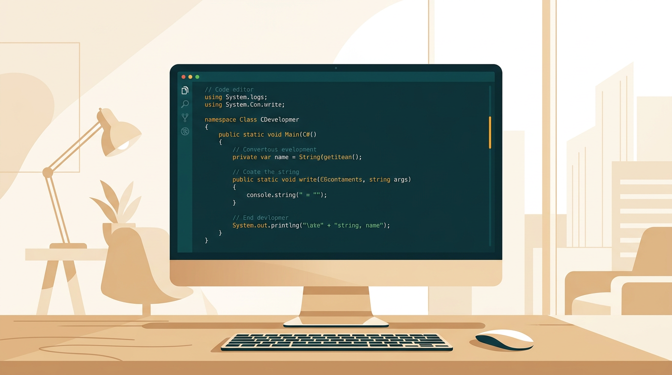 a clean, dark-themed code editor on a high-resolution monitor, showing C# code with syntax highlighting, set against a minimalist developer workspace background