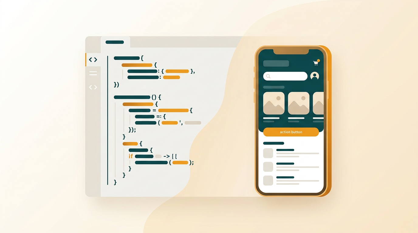 a split-screen view showing a code editor on the left and a live preview of a mobile application on a simulated smartphone on the right, clean interface