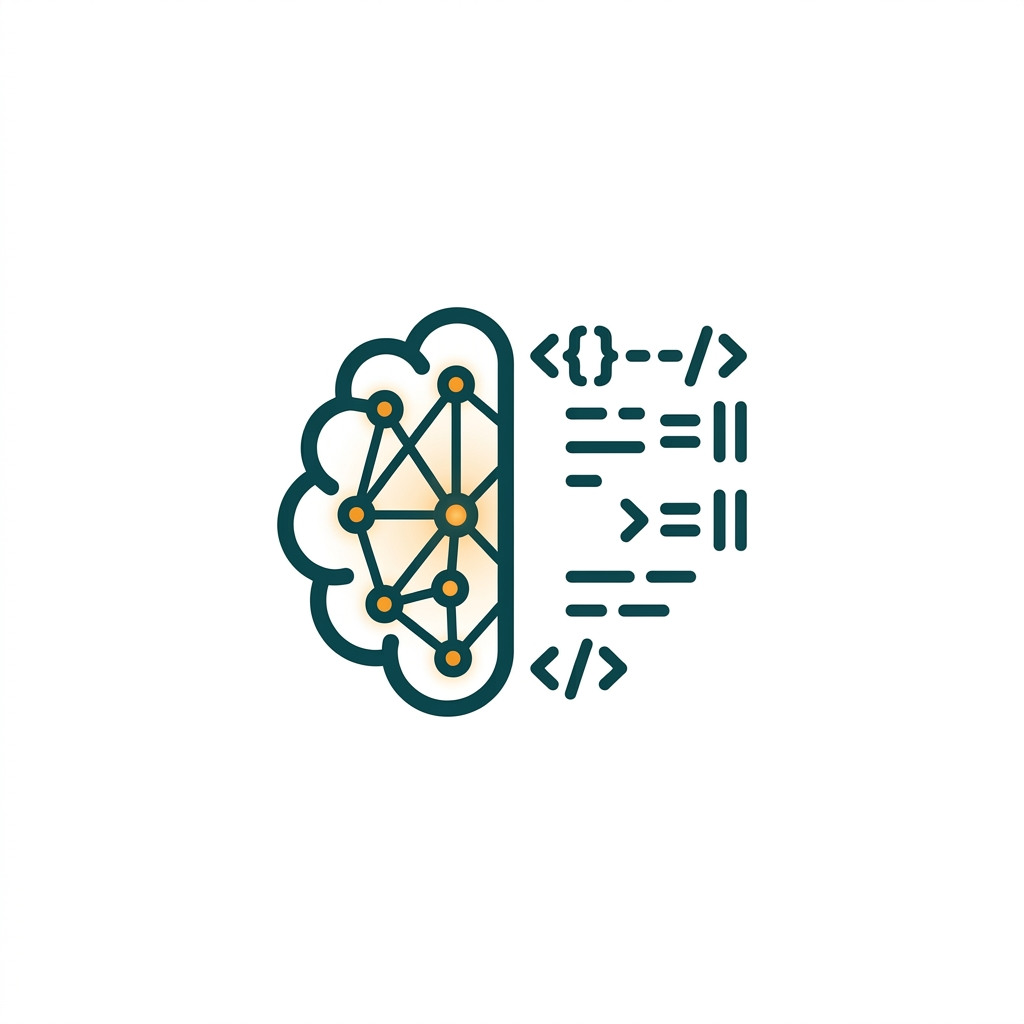 a glowing neural network brain icon next to lines of code