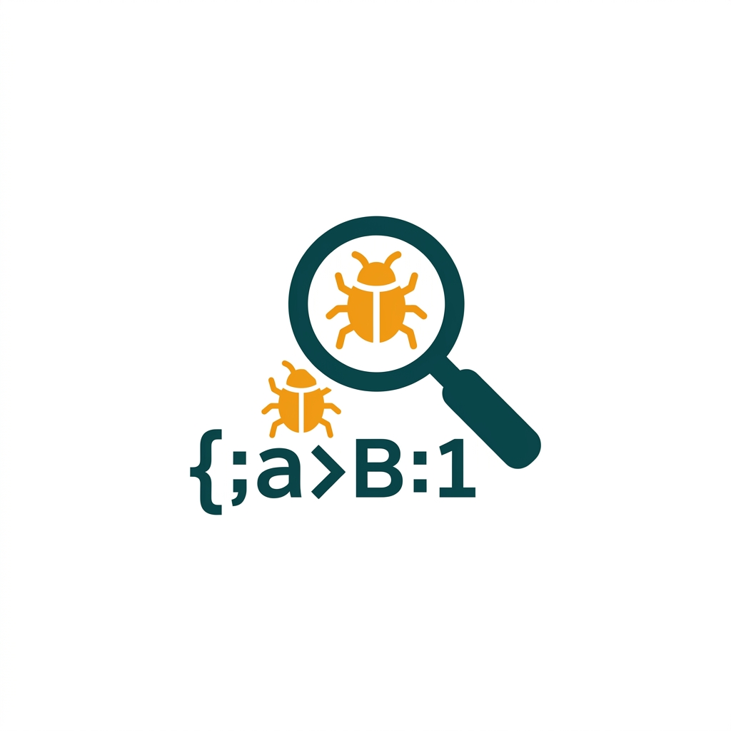 a magnifying glass inspecting a software bug icon on a line of code