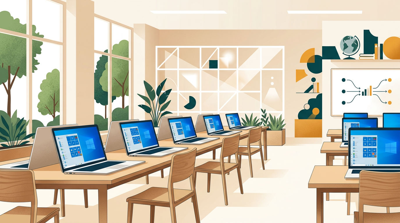 a clean and modern classroom computer lab with laptops showing the Windows 10 start screen, bright and airy educational setting, editorial style