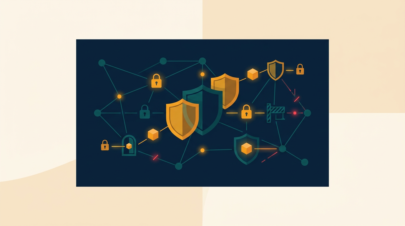 an abstract infographic illustrating network security with interconnected nodes, shields, and lock icons, on a dark blue background