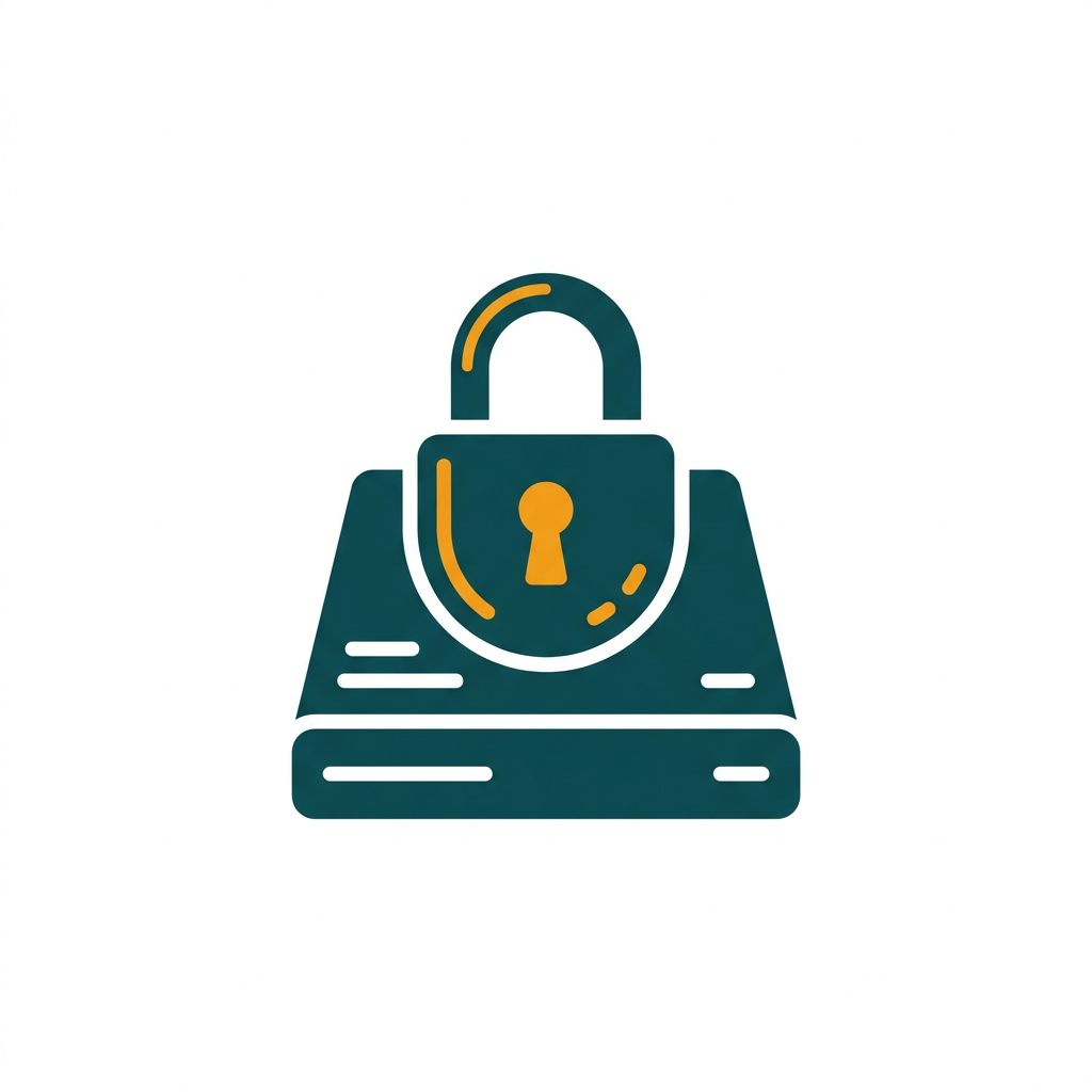 a stylized digital padlock icon on top of a hard drive symbol, representing data encryption