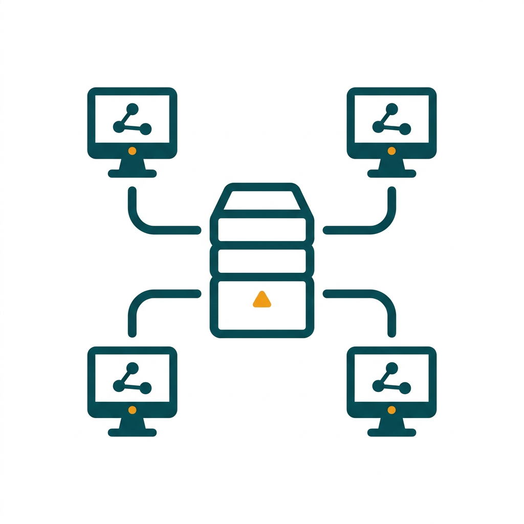 a network diagram showing a central server connecting to multiple remote computer icons